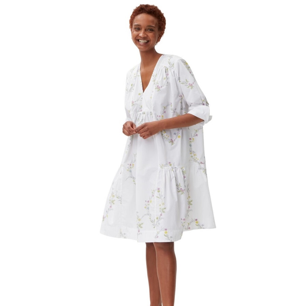 NWT Ganni Floral Shape Bright White Knee-length Poplin Dress - Flowy Summer